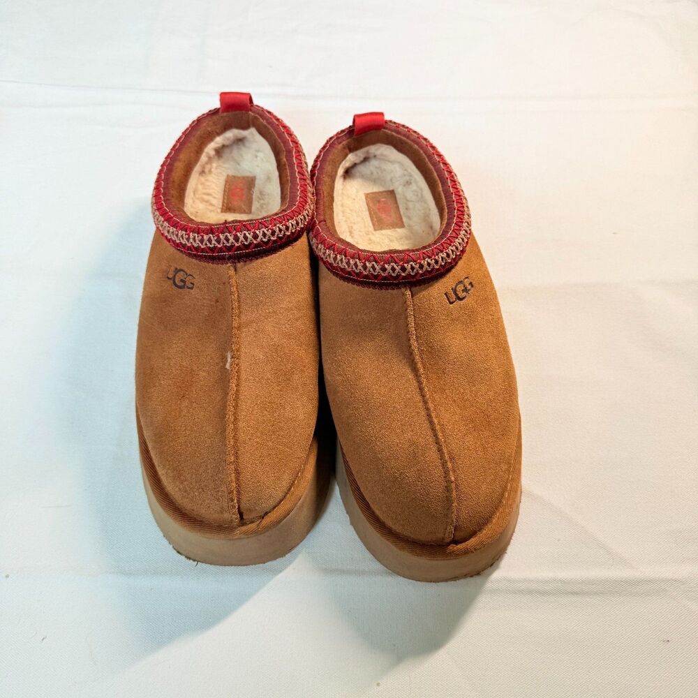 UGG Womens Tazz Chestnut Tan Suede Shearling Slip On Platform Mules Size 11 - Picture 2 of 5